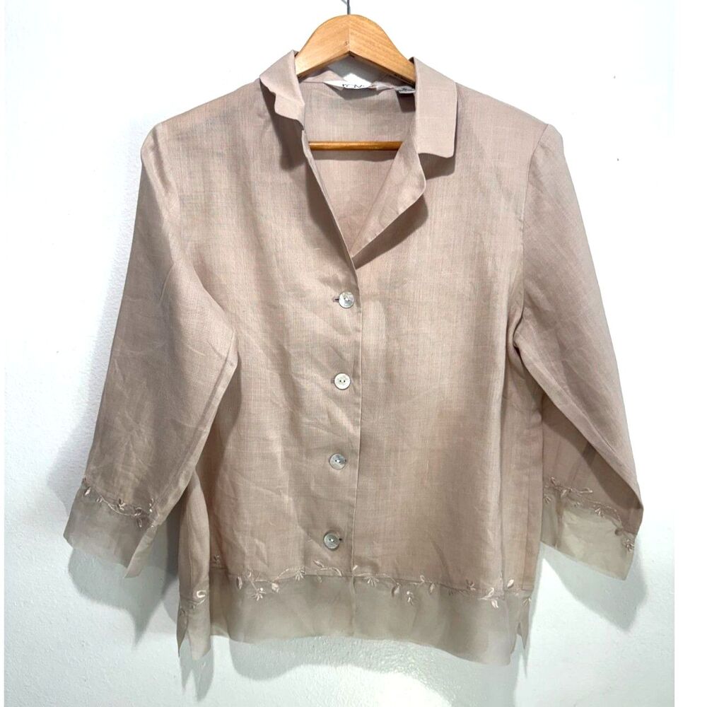 Ravel 100% ramie shirt embroidered Sheer hem summer vacation resort women XL
